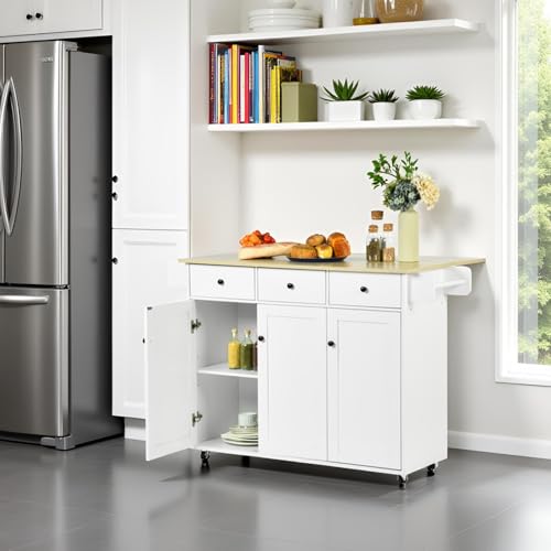 FurnitureR Mobile Kitchen Island Cart with Drop Leaf – Rolling Storage Cabinet, Light Oak Top