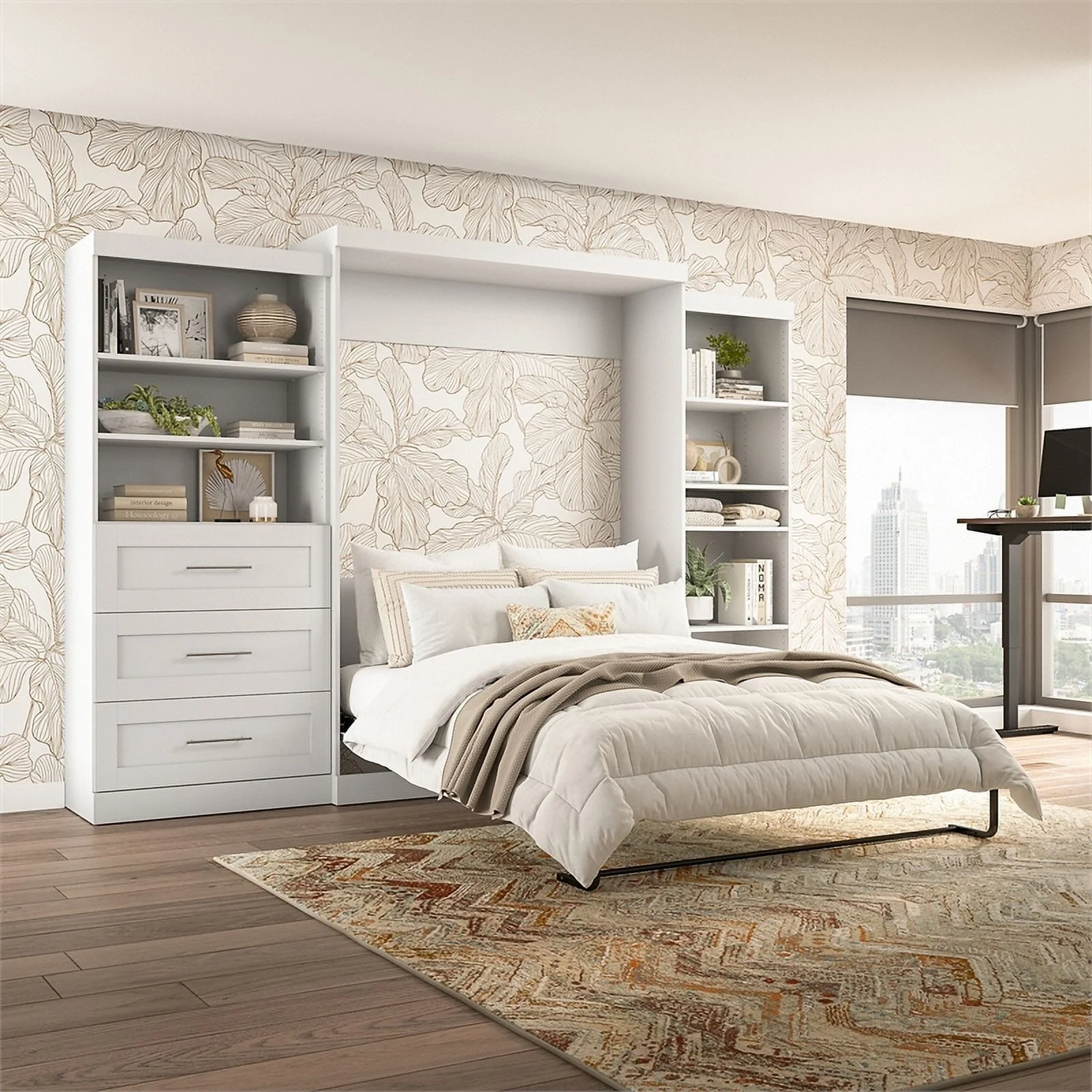 Pemberly Row Transitional Wood Queen Wall Bed w/ Storage in White