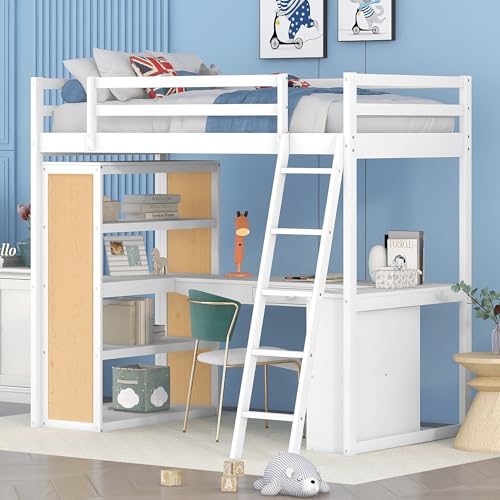 Twin Loft Bed with Staircase, Desk and Wardrobe, Wood Loft Bed with Storage Shelves and Safety Guardrail