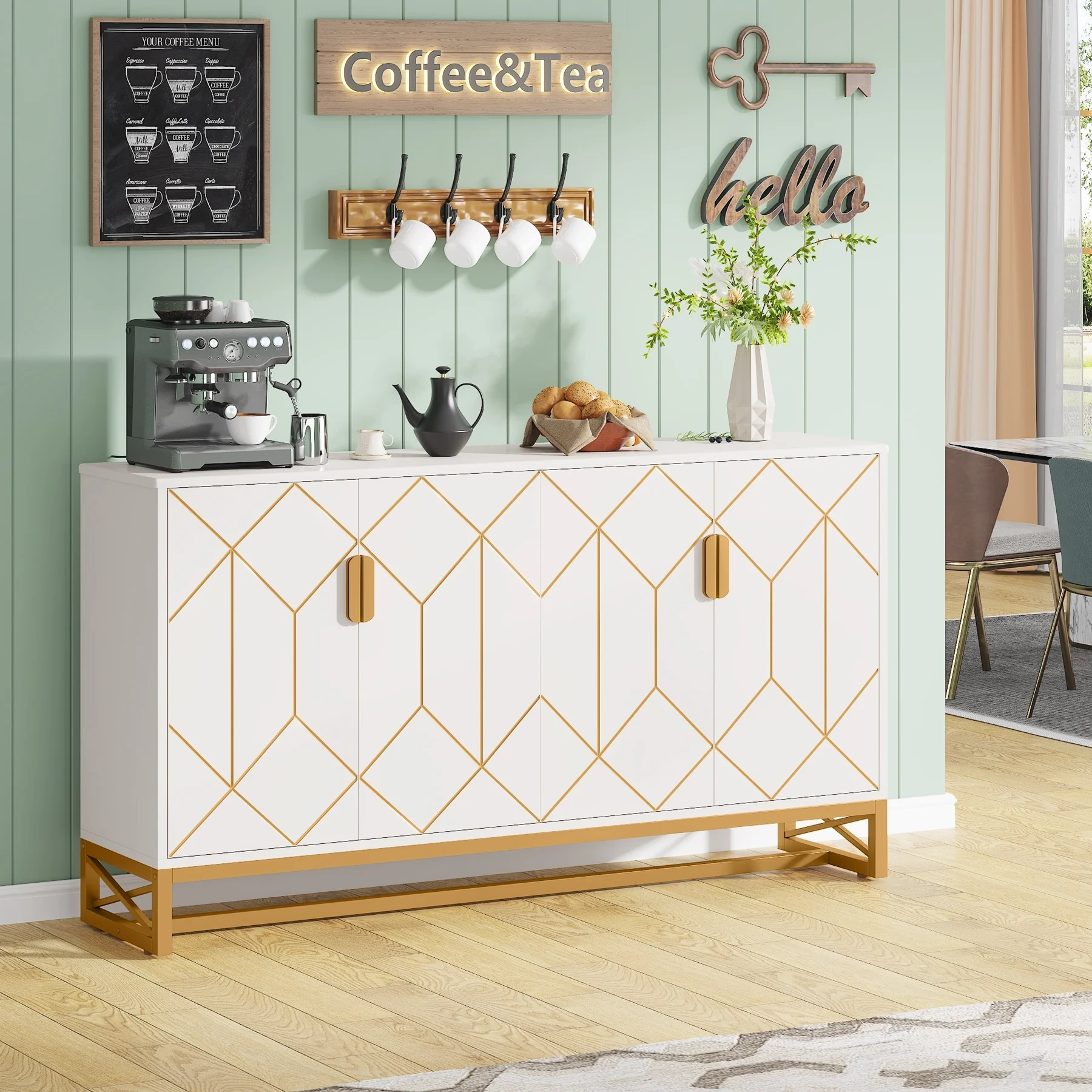 White Gold Buffet Cabinet with Storage Kitchen Sideboard Storage