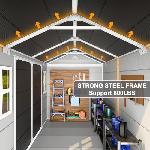 Outdoor Resin Storage Shed with Floor 8x6x7 FT Waterproof Wider Door Outside Plastic Sheds Kit for Backyard Garden Patio Lawn Tools, Gray