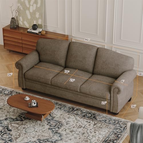 90 Inch Nailhead Trim Couch for Living Room, 23 Inch Deep Seat Rolled Arm Sofa, Comfy Upholstered 3 Seater Chenille Couch w/Wooden Leg