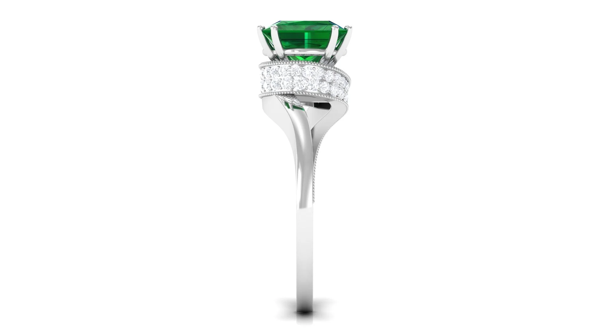 Lab Grown Emerald Solitaire Ring with Diamond, Princess Cut Ring - 8 mm, 925 Sterling Silver, US 10.00