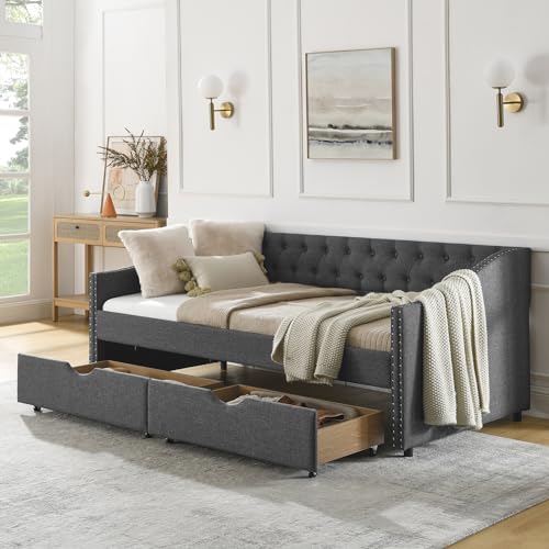 Wood Queen Size Daybed, Day Bed Frame with 2 Storage Drawers
