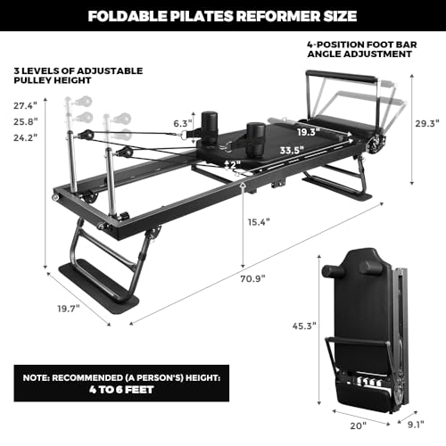 ONETWOFIT Pilates Reformer, Foldable Pilates Machine & Equipment for Home Gym Workout Suitable for Advanced and Beginners Max 440LBS Gray