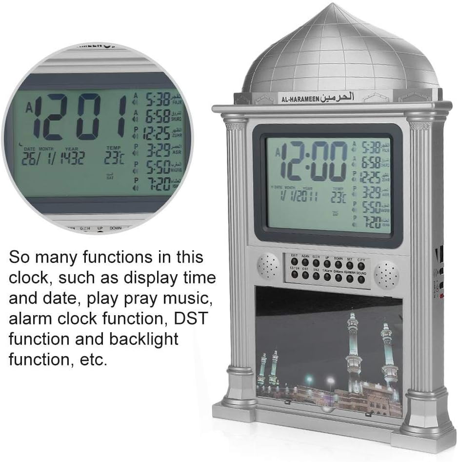 Premium Islamic Azan Alarm Clock,Plastic Automatic Muslim Azan Prayer Digital Calendar Time Display Alarm Wall Clock(Gray)