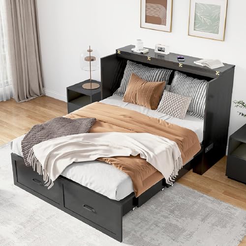 Full Size Murphy Chest Bed with Drawer and Charging Station, Farmhouse Wood Space-Saving Hidden Folding Bed Chest