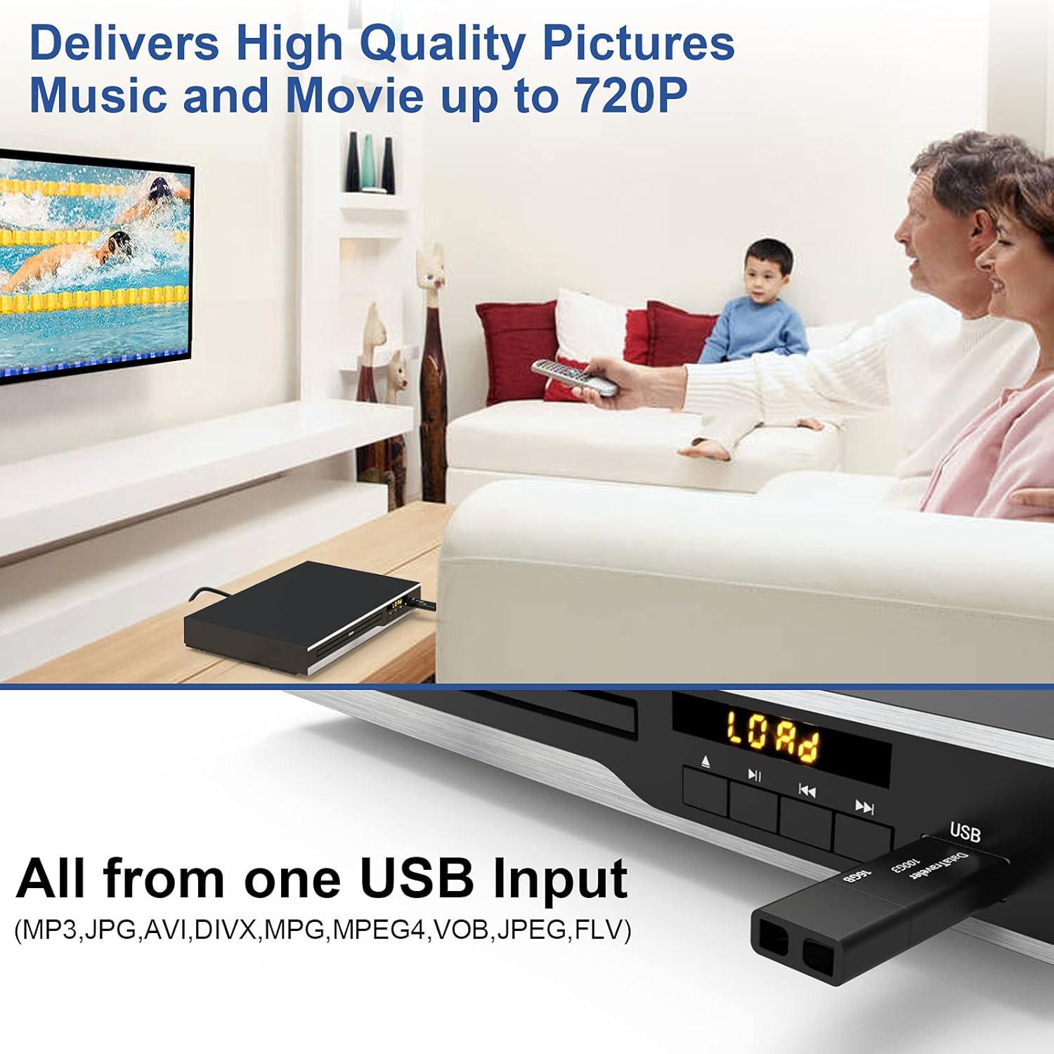DVD Player, Region Free DVD Players for CD/DVD's, Compact DVD Player Supports NTSC/PAL System with RCA Stable Outputs/USB 128G Input