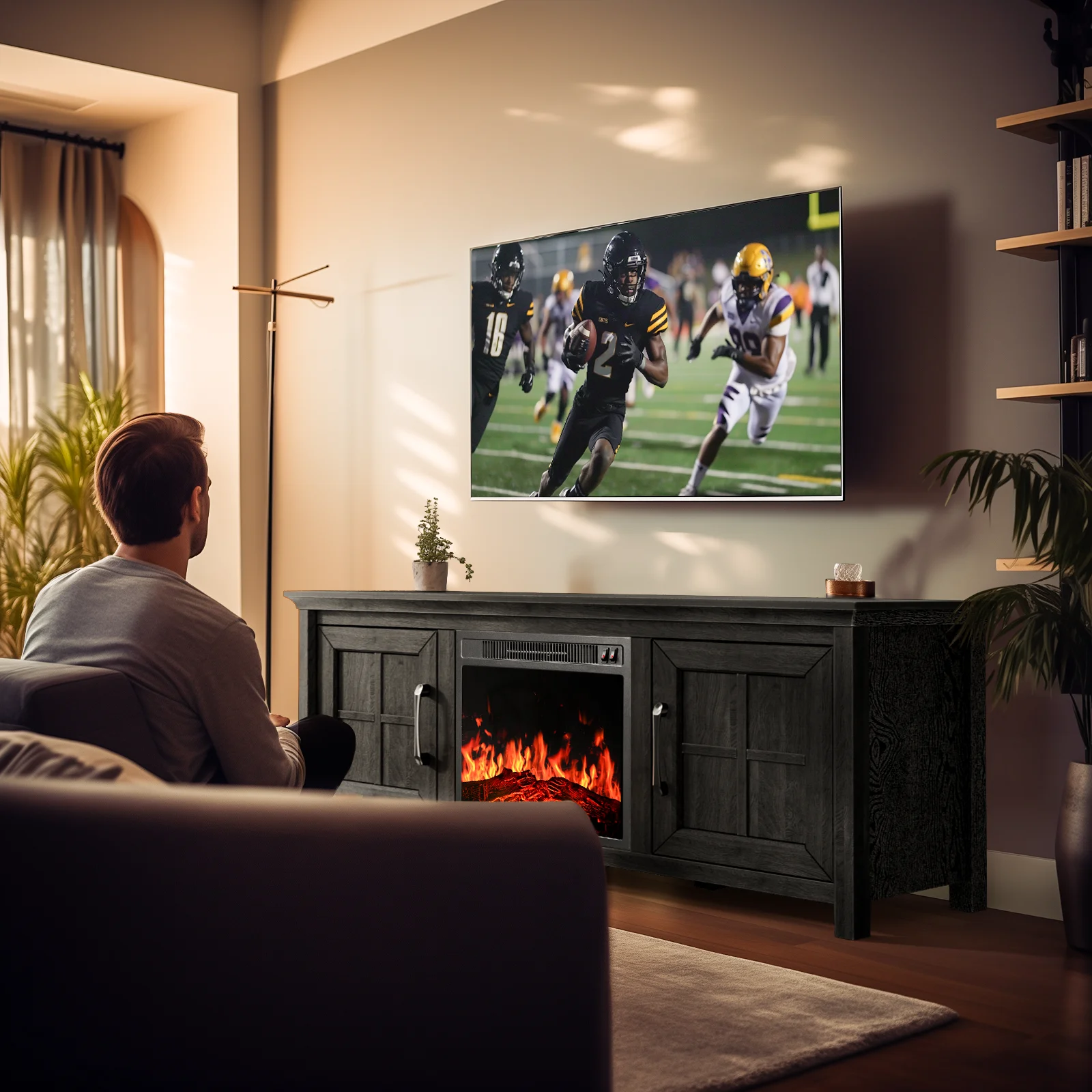 Fireplace TV Stand for 70 inch TV Fireplace Entertainment Center with Adjustable Shelves TV Console Table for Living Room Bedroom