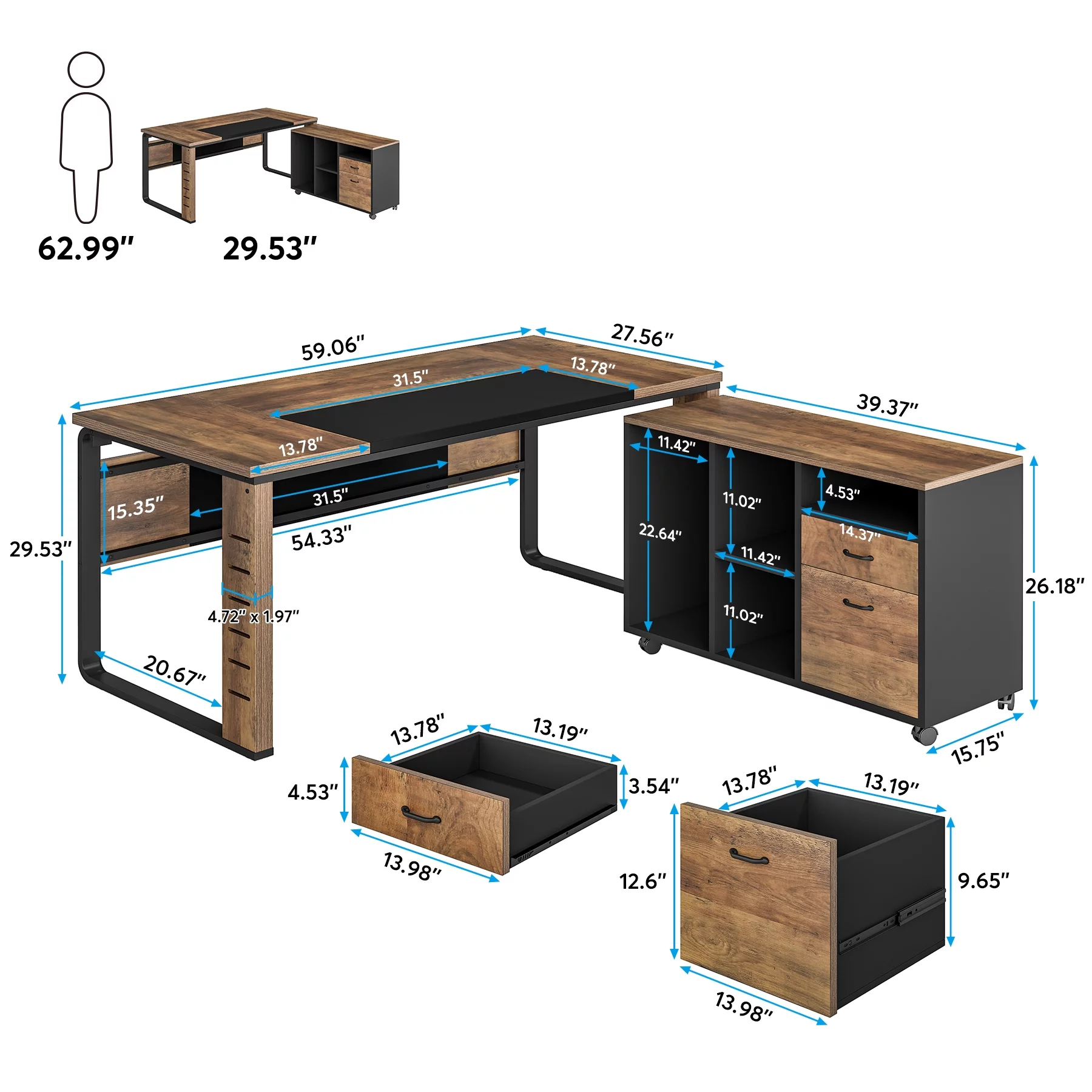 Tribesigns 59 inch Large L-Shaped Computer Desk, Executive Office Desk with File Cabinet, Brown
