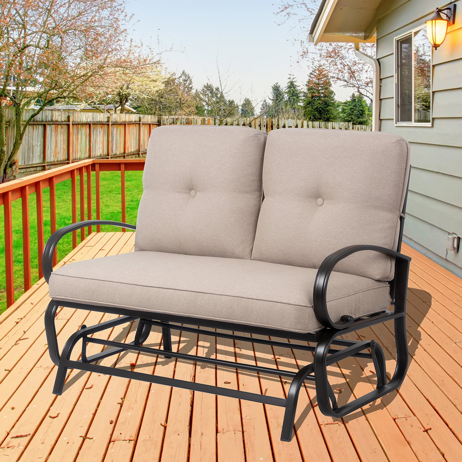Outdoor Patio Metal Swing Glider Rocking Bench,Garden Loveseat Porch Furniture Glider, Steel Frame Chair Set with Cushion khaki - Radiant Selections