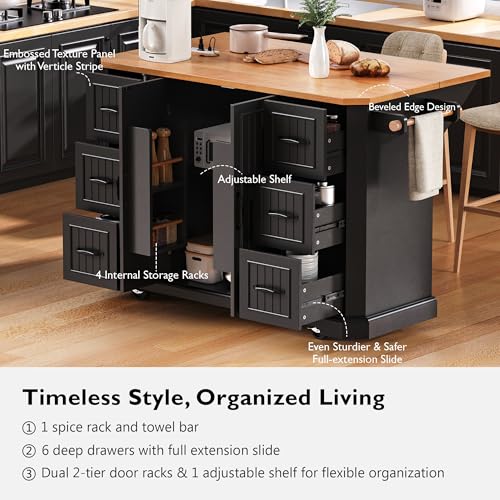 Amposei Rolling Kitchen Storage Island on Wheels with Power Outlet, Drop Leaf Breakfast Bar Kitchen Cart Island Table with Drawers