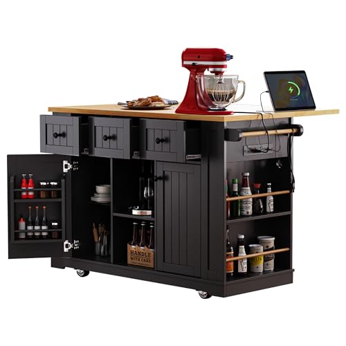 Farmhouse Kitchen Island with Power Outlet, Drop Leaf, Spice Rack and Drawer,Rolling Kitchen Cart on Wheels