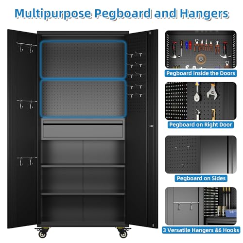 Metal Storage Cabinet with Wheels, 73" H Rolling Garage Cabinets with Locking Doors and Adjustable Shelves for Home Office, Basement, Pantry, Workshop