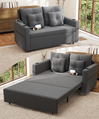 3 in 1 Pull Out Couch, 56 Inch Convertible Sleeper Sofa Bed, Loveseat Sofa with Cup Holders, USB, Sofa Couches for Living Room, Bedroom, Apartment