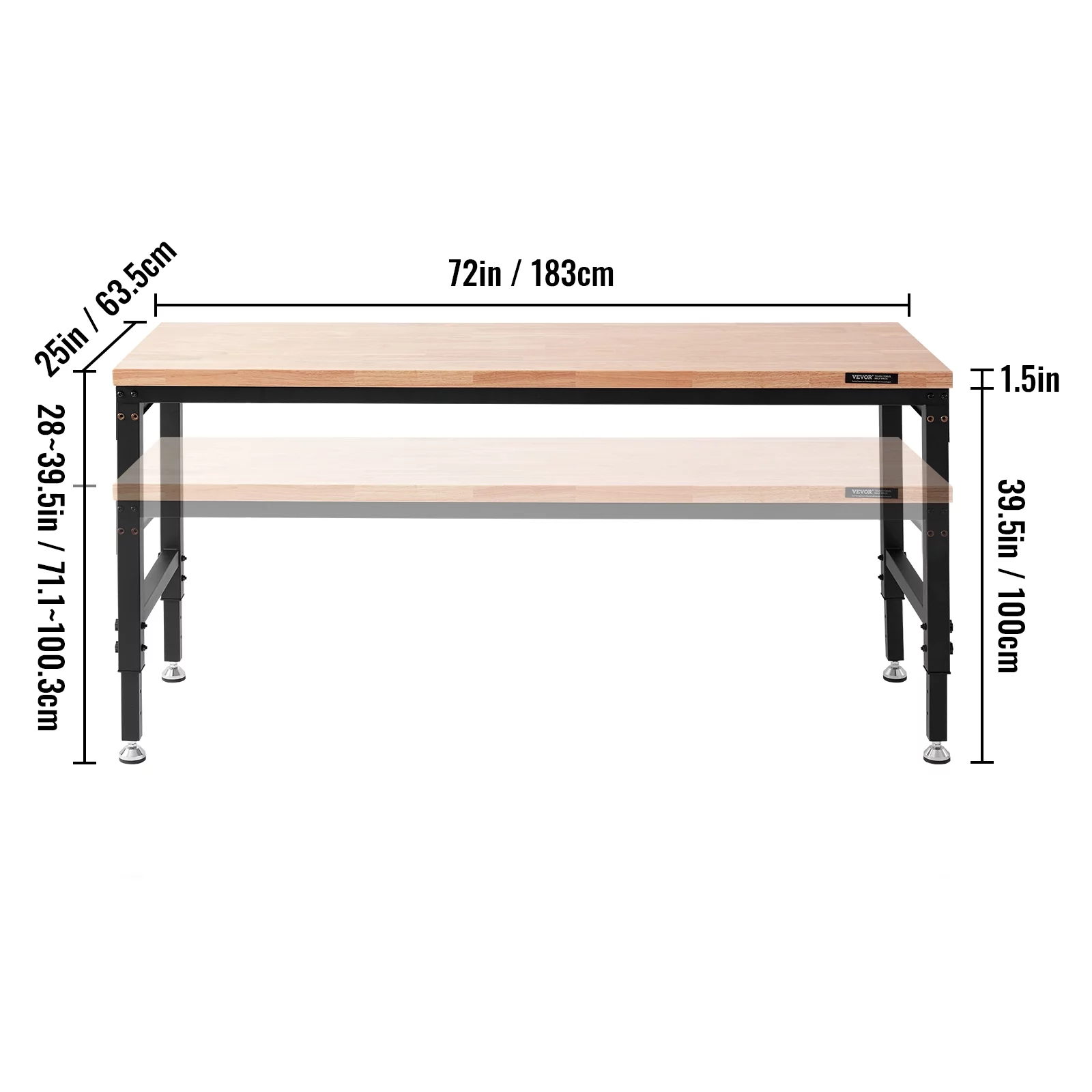 BENTISM Adjustable 28-39.5" Heights Workbench, 72" L X 25" W Garage Worktable with Universal Wheels, 3000 LBS Load Capacity, with Power Outlets