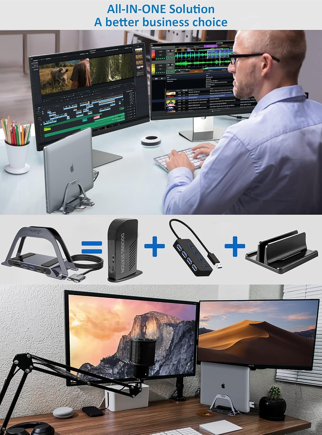 USB C Docking Station Dual Monitor for MacBook Pro Air, 10 in 2 Dual Display USB C HUB with Vertical Stand for Mac