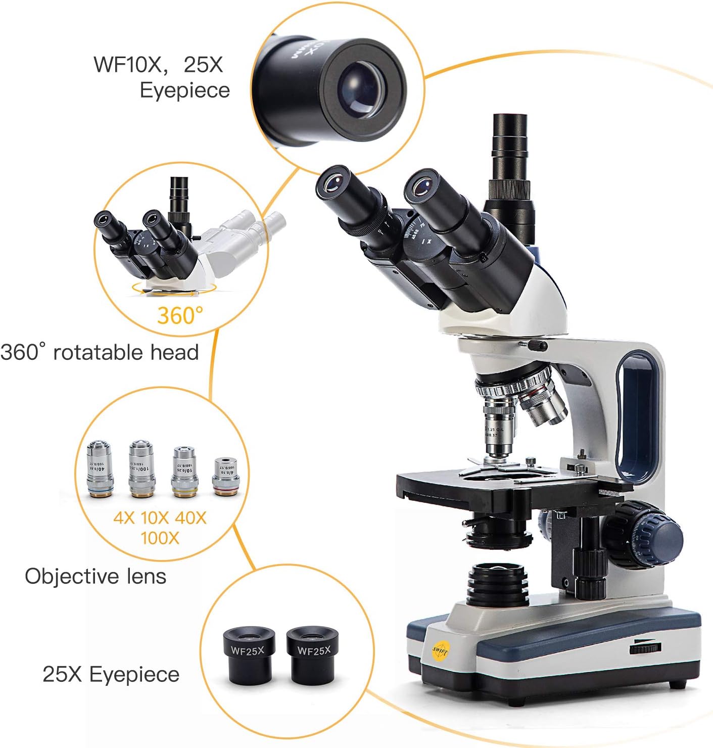 Swift Trinocular Compound Microscope SW350T,40X-2500X Magnification,Siedentopf Head,Research-Grade,Two-Layer Mechanical Stage