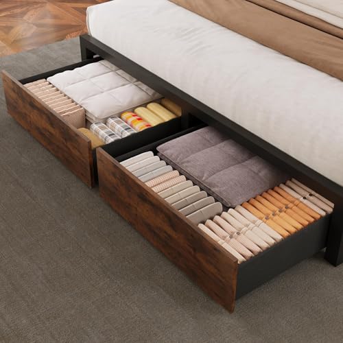 Farmhouse Full Bed Frame with Bookcase Storage Headboard, Charging Station, LED Light and 2 Storage Drawers, Noise Free, No Box Spring Needed, Brown