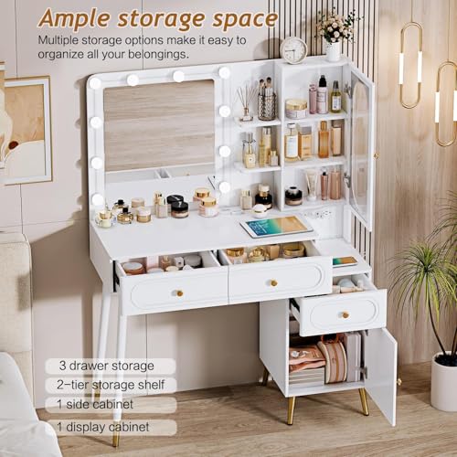 Vanity Desk with Mirror and Lights, with Power Outlet and 10 Lights Modern Capacity Makeup Vanity with 3 Drawers, Makeup Table for Bedroom