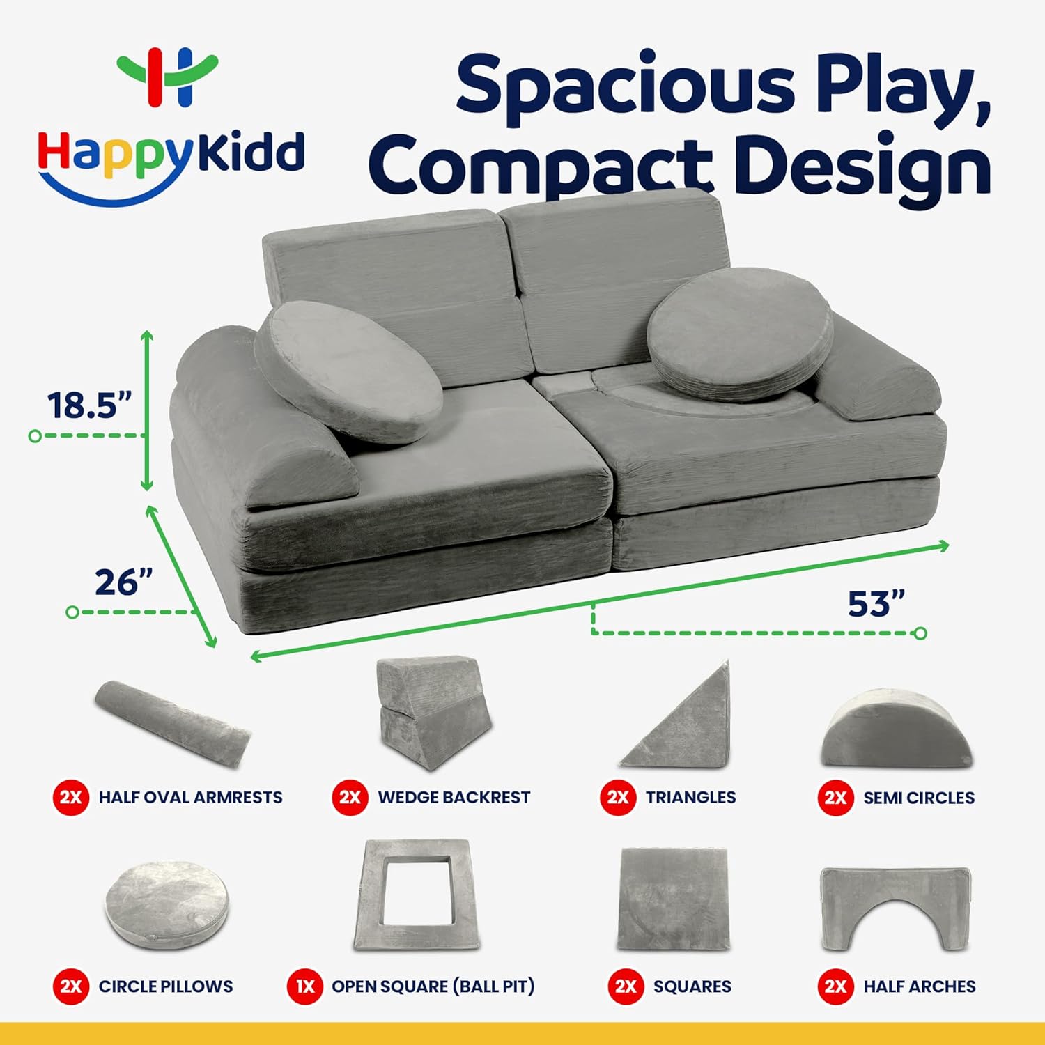Modular Kids Play Couch - 15 Pieces Buildable Plush Play Couch Panels with Ball Pit Square, Backrests - Kids Sofa Couch Furniture for Ages 5-12