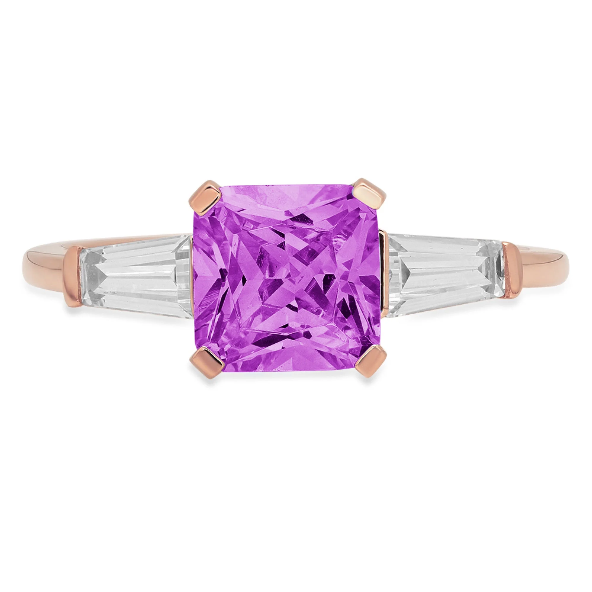 1.62ct SQ Emerald Cut Purple Simulated Alexandrite 18k Rose Gold Engraving Statement Anniversary Engagement Wedding 3 stone Ring Size 3.5