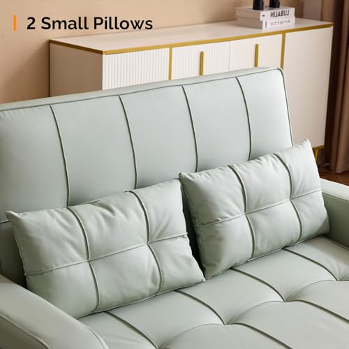 VINGLI Light Green Futon Sofa Bed Convertible Loveseat Sleeper Couch, Faux Leather Pullout Sofa Fold Out Couch Bed with USB Ports, Cup Holders