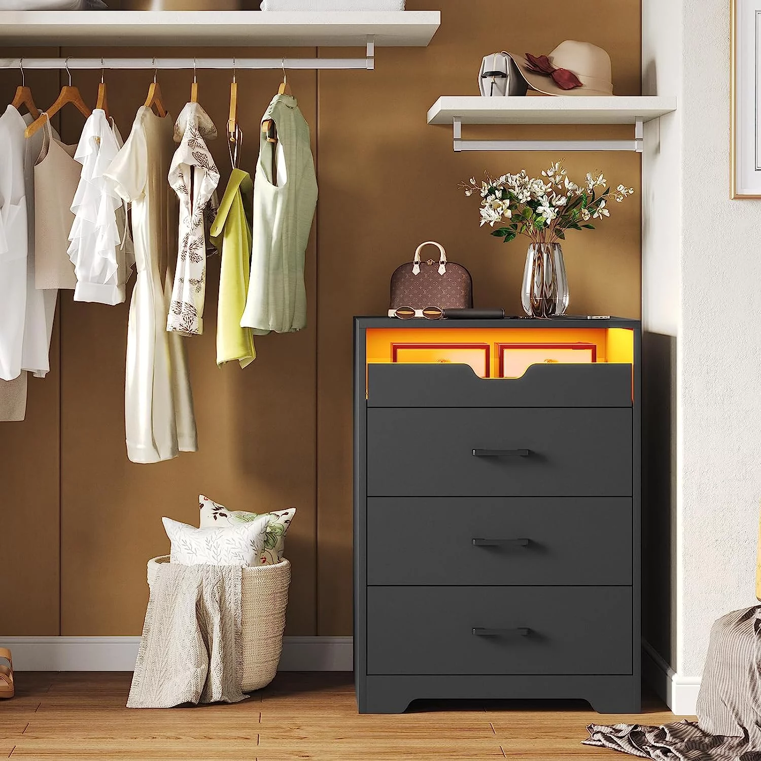 3 Drawers Dresser with LED Lights for Bedroom, Tall Storage Dresser with Pull-Out Tray,Chest of Drawers Organizer for Small Space,Black