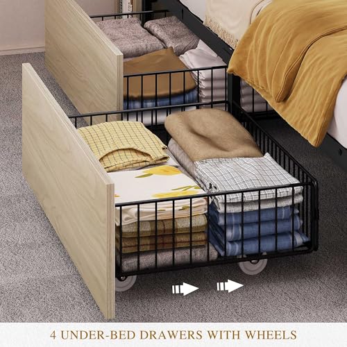 YITAHOME Queen Bed Frame with Bookcase Headboard and 4 Storage Drawers, RGB LED Bed Frame with Type-C & USB Charging Station Storage Headboard Bed