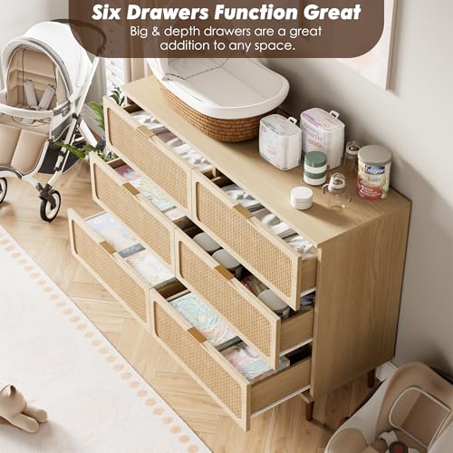 Rattan 5 Drawer Dressers for Bedroom, Tall Dresser with Deep Drawers, Large Chest of Drawers for Closet with Wide Top