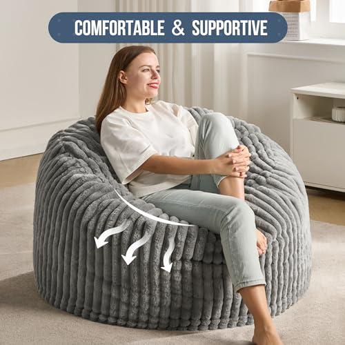 Hobestluk 5ft Bean Bag Chairs for Adults Large Beanbag Chair with Stripe Plush Cover Big Bean Bag Chair for Living Room Bedroom Dorm Office -Black