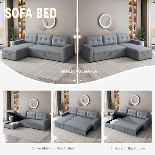 Ball & Cast Convertible Sofa Bed with Reversible Storage Chaise,Linen Sleeper Sofa Couch L Shaped Pull Out Couch Bed