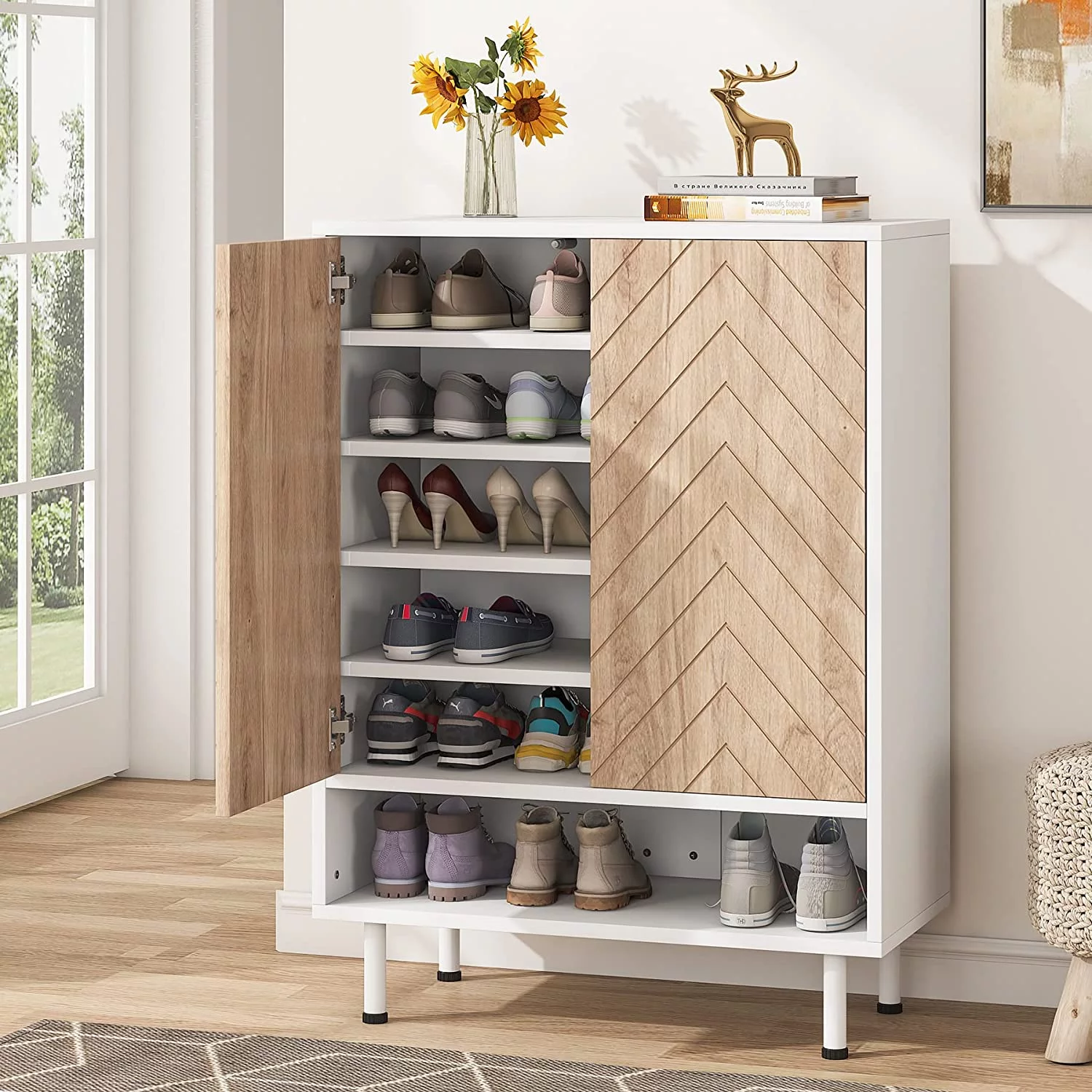Tribesigns 6 Tier Shoe Cabinet for Entryway, Hallway, 18 Pair Shoe Rack Organizer Cabinet with Door, White and Brown
