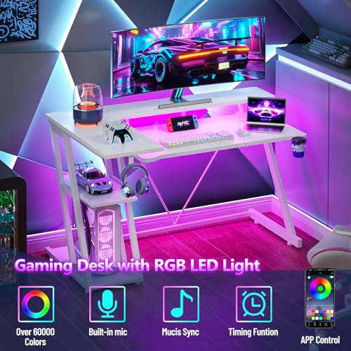 55 Inch Gaming Desk with Power Outlet & LED Lights, L Shaped Gamer Computer Table with Storage Shelves for Bedroom, Corner Home Office Desk