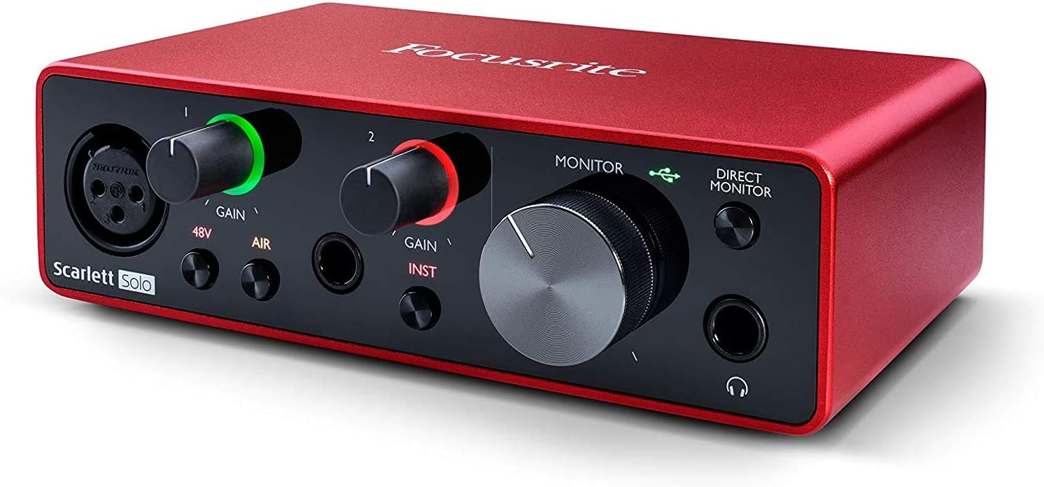 Focusrite Scarlett Solo Studio 3rd Gen USB Audio Interface and Recording Bundle with Monitors (Pair), Microphone Stand, 8mm TS Cable (2-Pack)