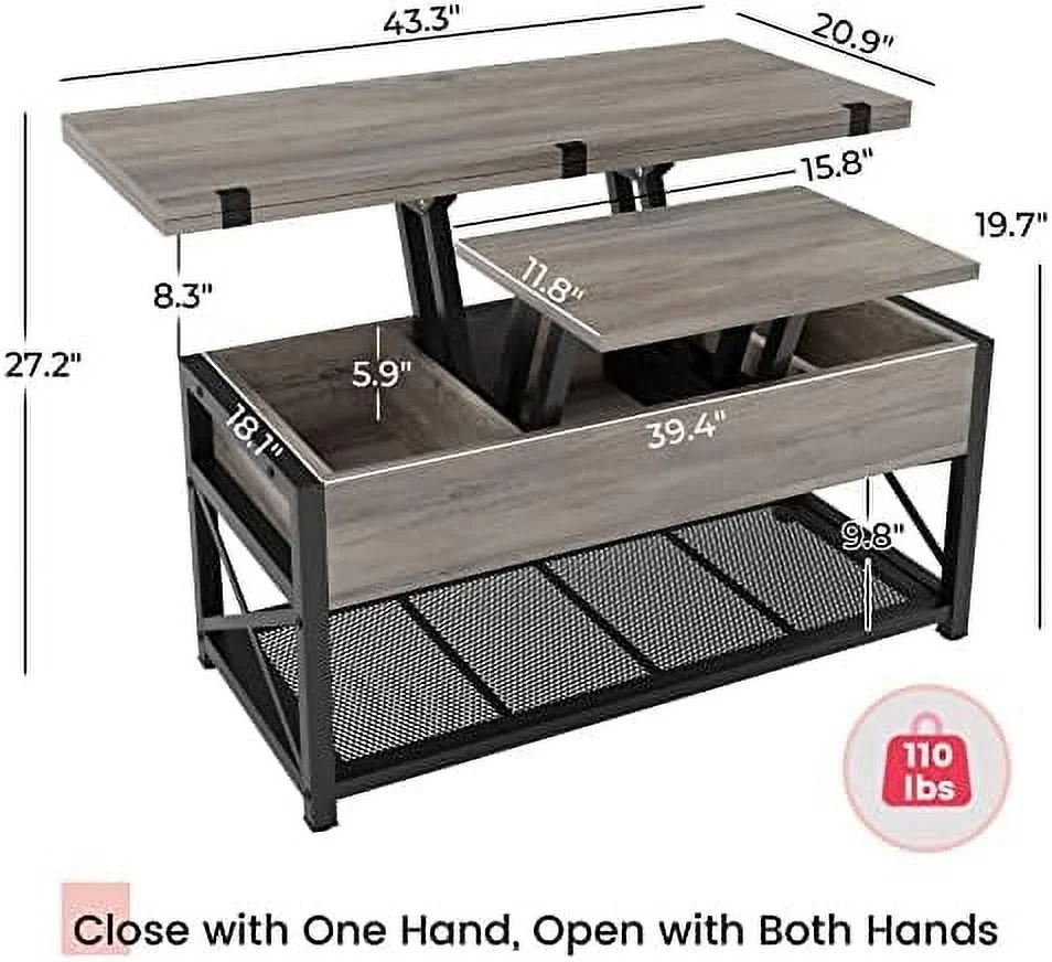 43" Lift Top Coffee Table  3 in 1 Multi- Small Coffee Table with  for Living Room  Dining Reception Room  Grey