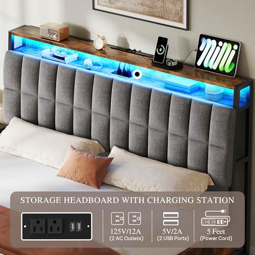 YITAHOME Queen Size Lift Up Bed with Charging Station & RGB LED Lights, PU Leather Upholstered Platform Storage Bookcase Headboard Bed