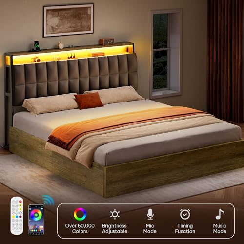 YITAHOME Queen Size Lift Up Bed with Charging Station & RGB LED Lights, PU Leather Upholstered Platform Storage Bookcase Headboard Bed