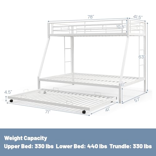 KOMFOTT Twin Over Full Bunk Bed with Trundle, Heavy-Duty Metal Bunk Bed Frame with Guardrail & 2 Ladders, Space-Saving Bunk Bed for Kids/Teens/Adults