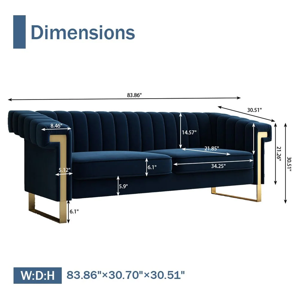 Velvet Sofa Couch, Modern Upholstered Sofa Couch, 84"L 3 Seater Sofa Couch, Mid-Century Velvet Sofa Couch for 3 with Tufted Back