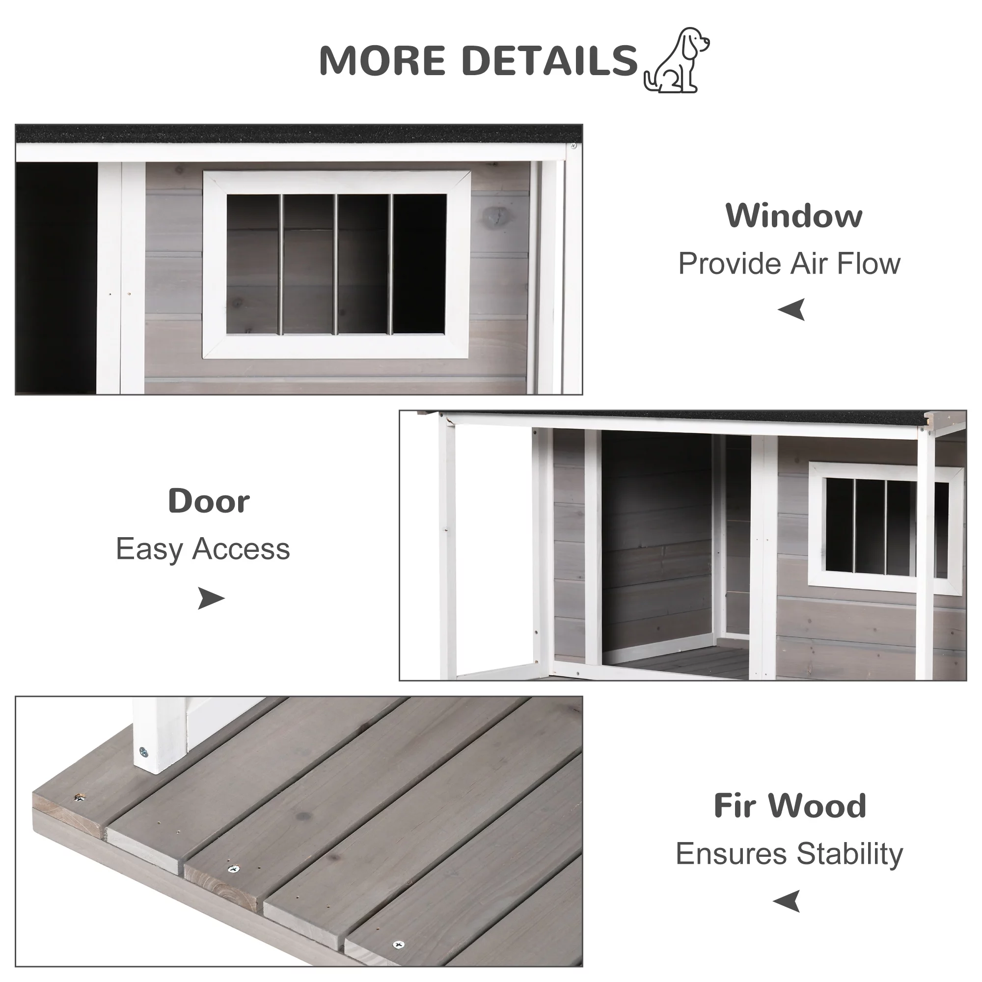PawHut Outdoor Dog House Cabin Style, Wooden Raised Pet Kennel with Asphalt Roof, Front Door, Side Window, Porch for Medium/Large Dogs