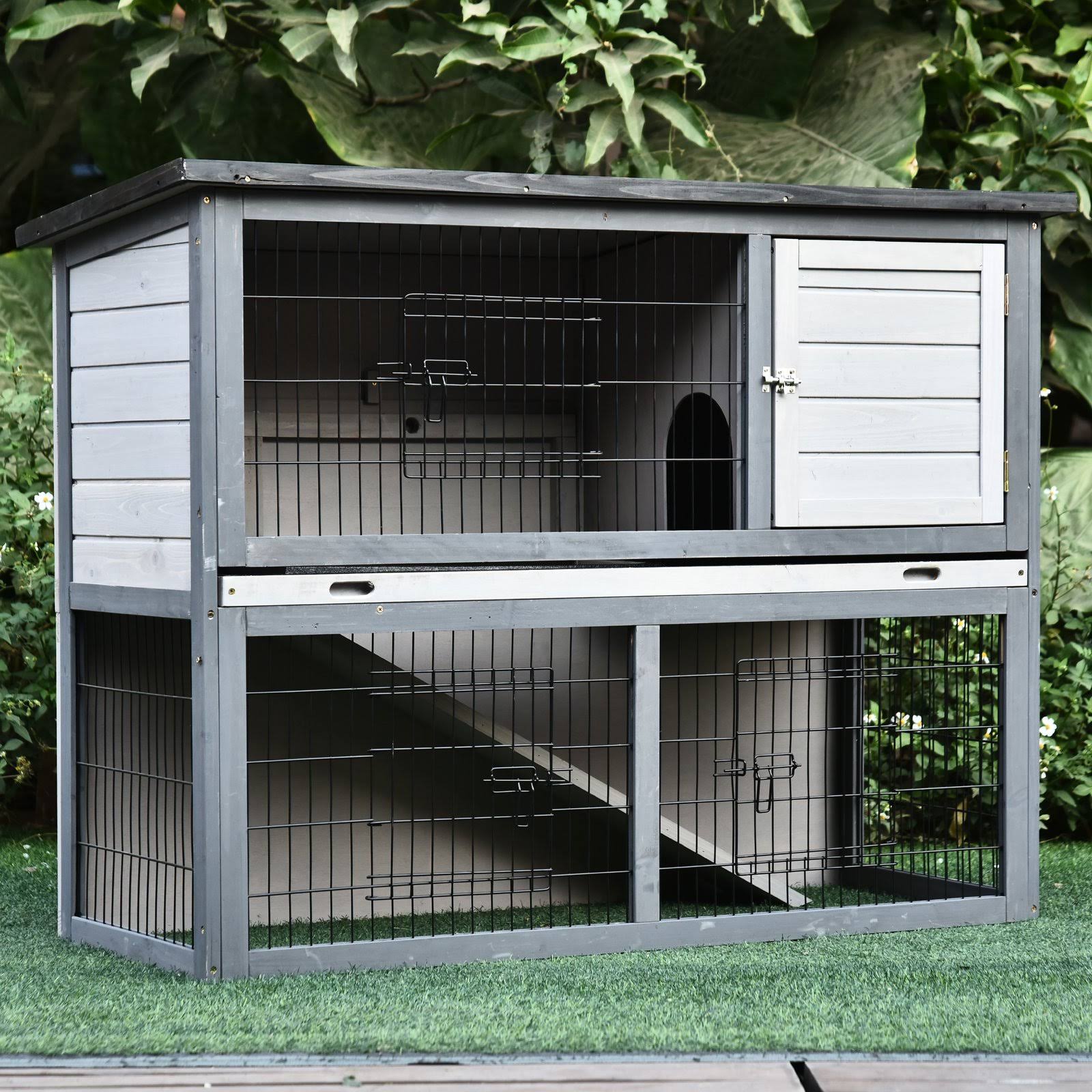 PawHut Outdoor Rabbit Hutch 54x22 Wooden Rabbit Bunny Cage Water Resistant Pet House 4 Door w/ Ramp
