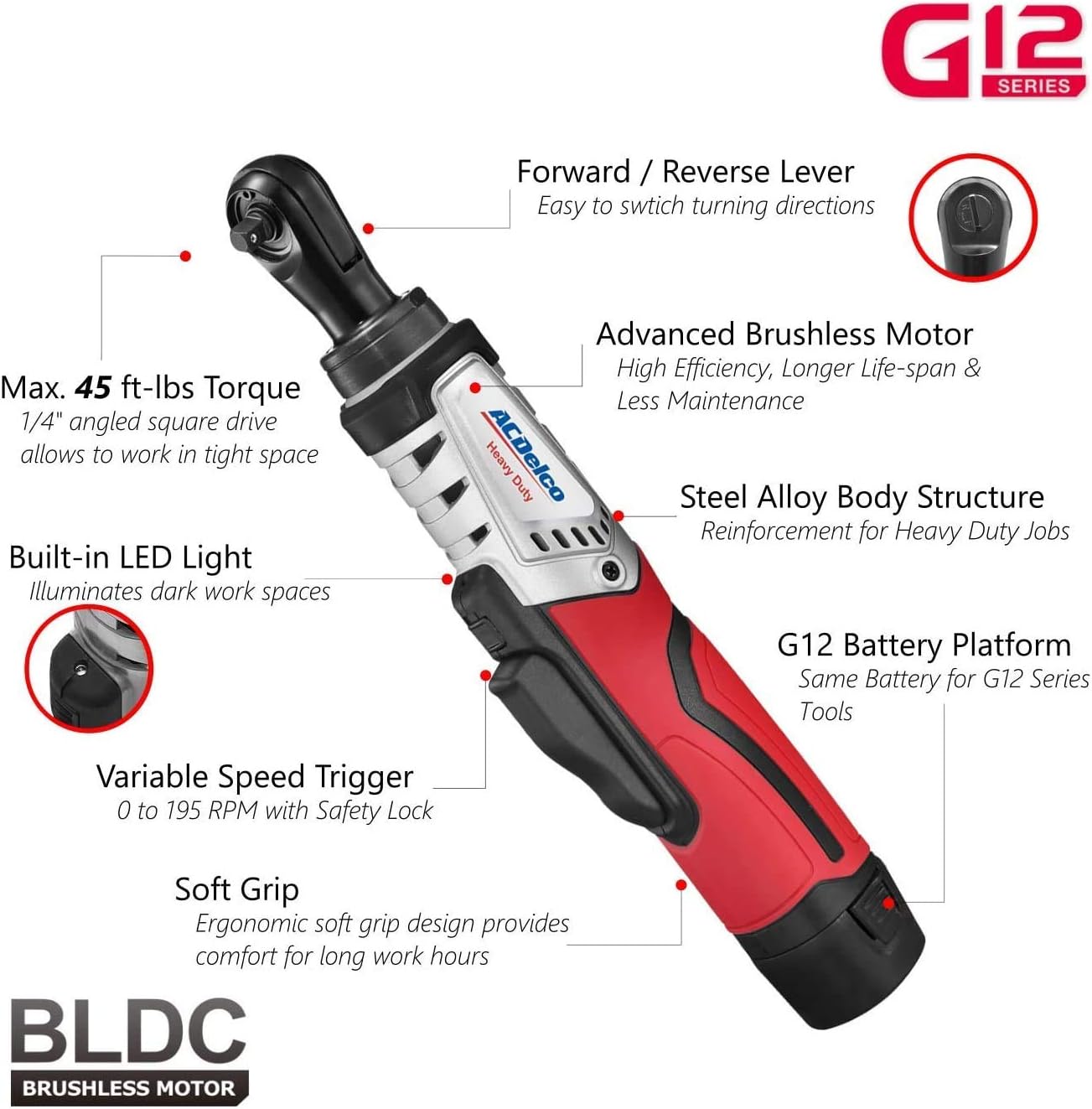 ACDelco Brushless 1/4-Inch Ratchet Wrench Li-Ion 12V Cordless, 45 Ft-lbs Max Ratchet Wrench Tool Kit, 2 Battery & Charger Included, G12 Series