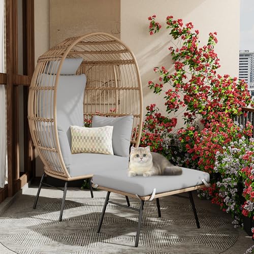 Oversized Wicker Egg Chair with Ottoman, Patio Lounge Chairs with Thick Cushion, Rattan Egg Basket with Steel Frame for Indoor/Outdoor, Porch