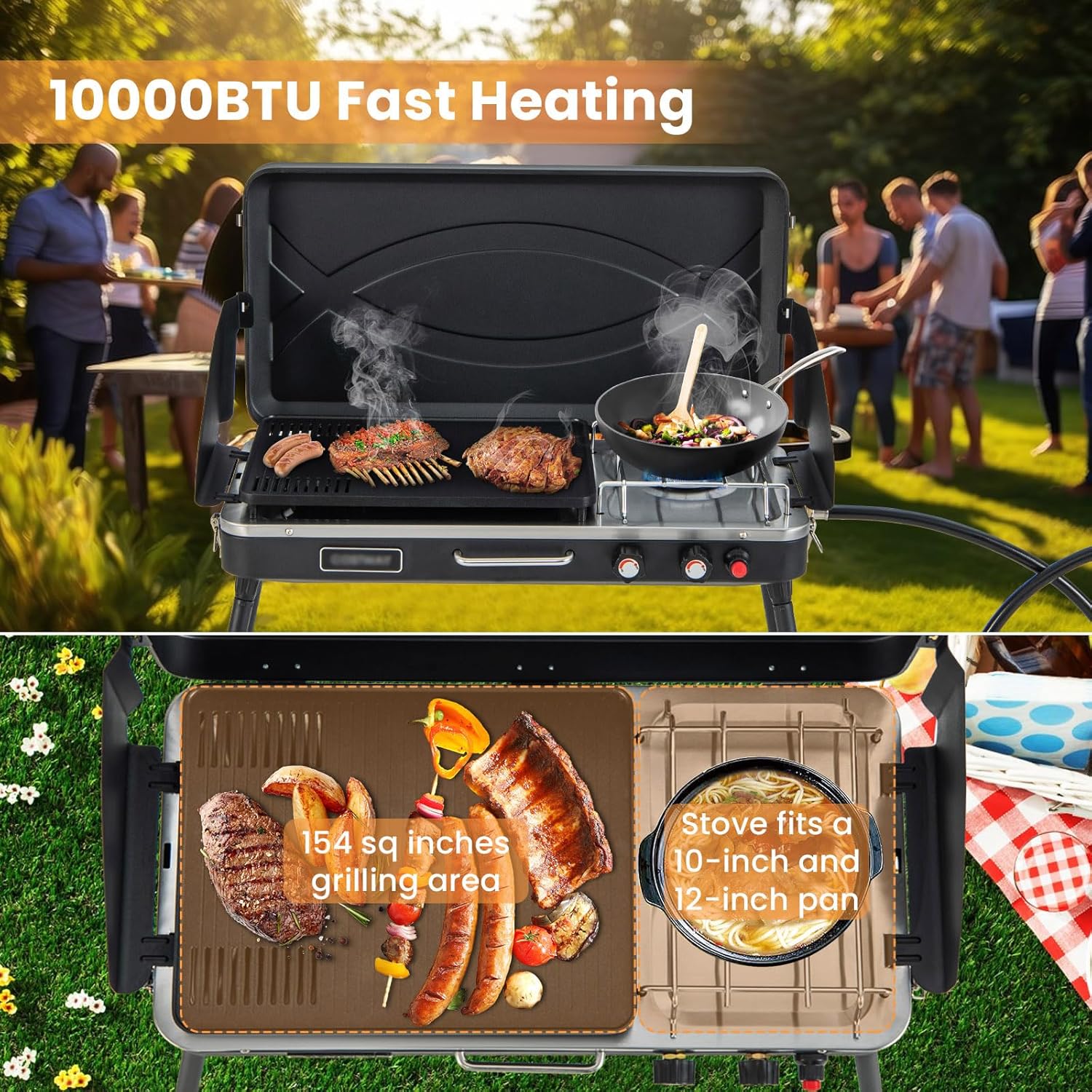 HAPPYGRILL 2-Burner Propane Camping Stove, Portable Gas Grill Cooker with Removable Leg Stand, Roast Grill, Dual Control Knobs, Wind Guards