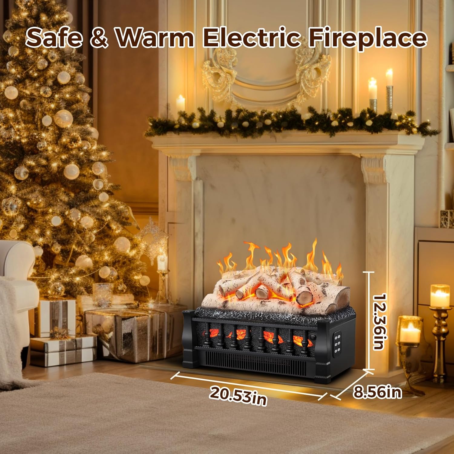 Joy Pebble Electric Fireplace Insert Log Heater 21", 750W/1500W Adjustable 5 Flame Brightness&Speed