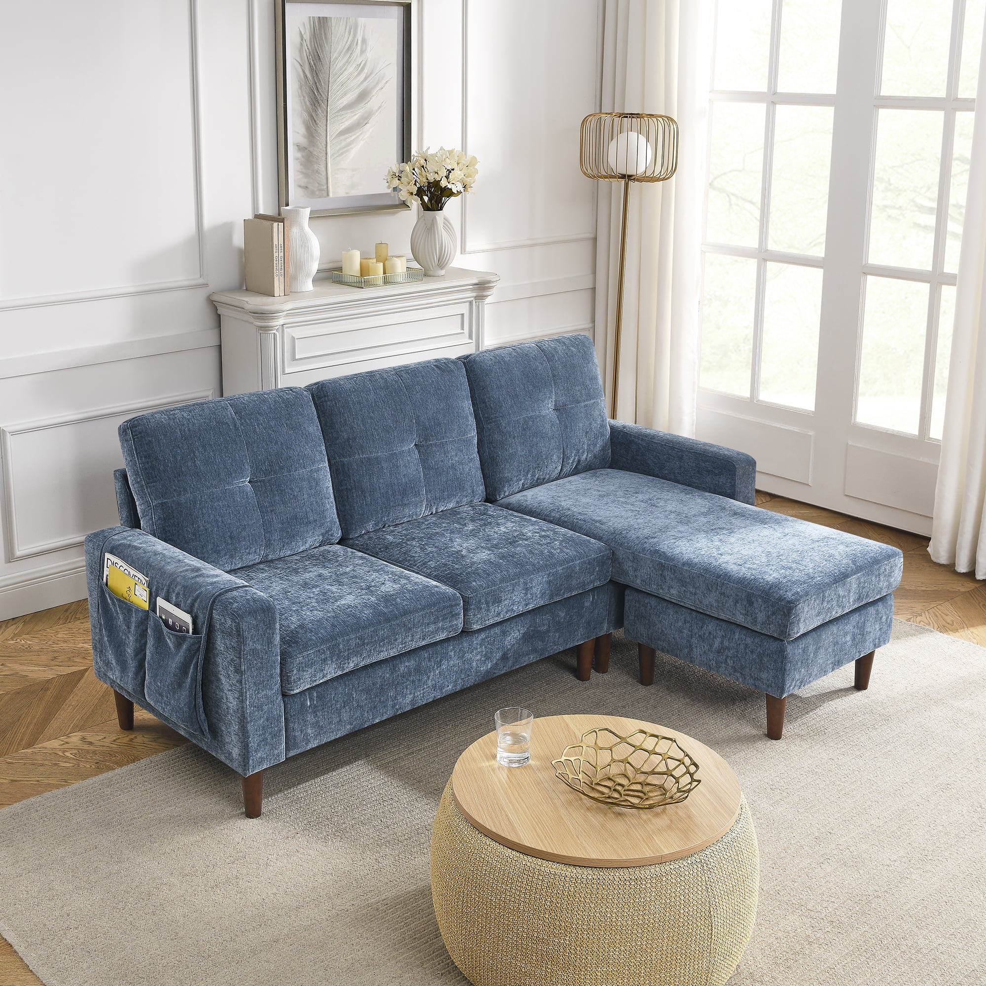 80" Convertible Sectional Sofa Couch, 3 Seats L-shape Sofa with Removable Cushions and Pocket, Rubber Wood Legs, Navy Chenille