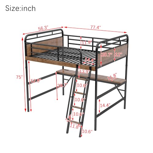 Full Size Loft Bed with Desk and Stairs, Heavy-Duty Steel Loft Bed Frame with Wardrobe & LED Light