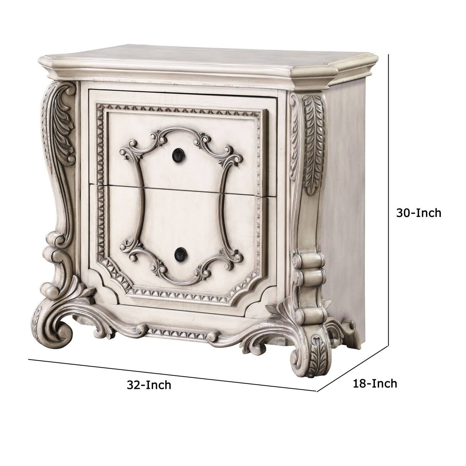 Benzara BM218540 Intricately Carved Wooden Nightstand with 2 Storage Drawers Antique White