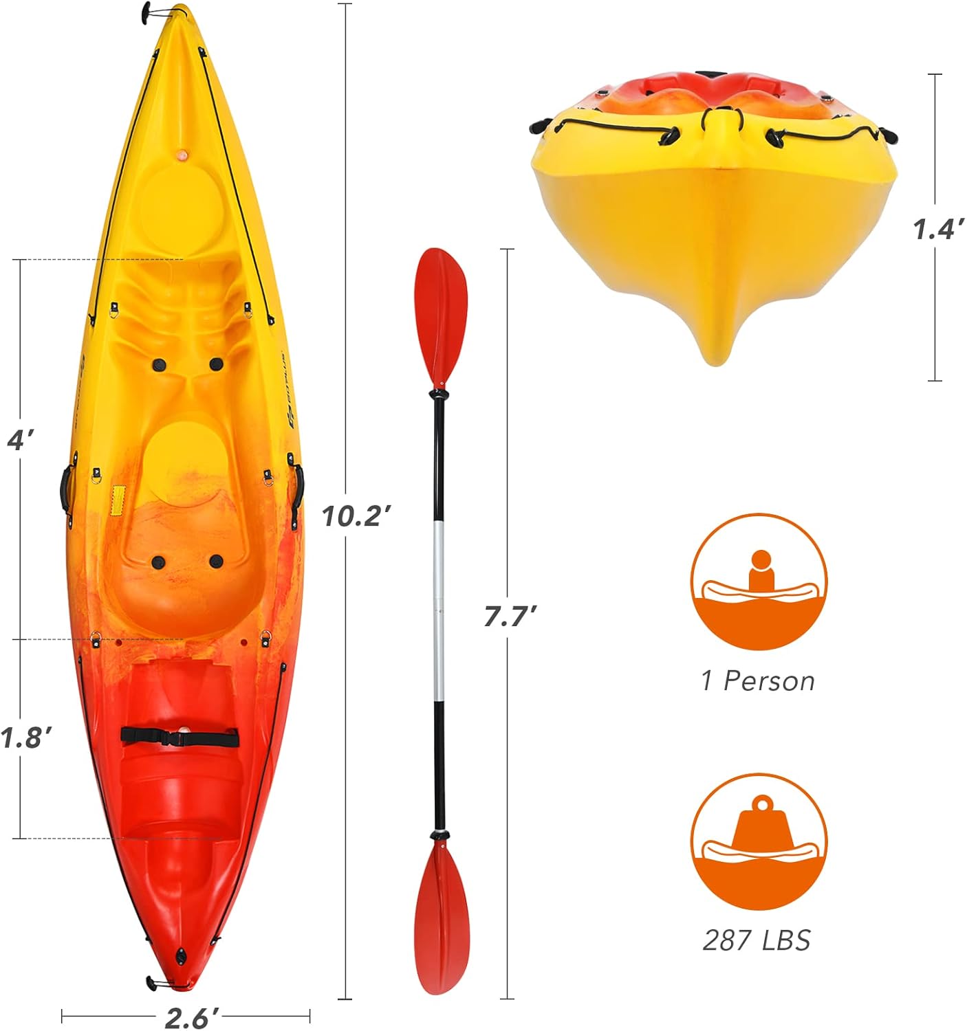 10.2FT Sit-On-Top Fishing Kayak, Portable Surfing Kayak Raft with Aluminum Paddle & Bungee Storage, 1-Person Recreational Kayak Boat for River